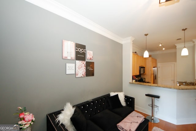 living room with wood-type flooring and ornamental molding