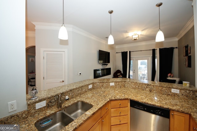 kitchen featuring sink, ornamental molding, light stone countertops, stainless steel dishwasher, and pendant lighting