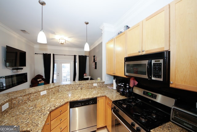 kitchen featuring kitchen peninsula, light brown cabinetry, appliances with stainless steel finishes, and ornamental molding