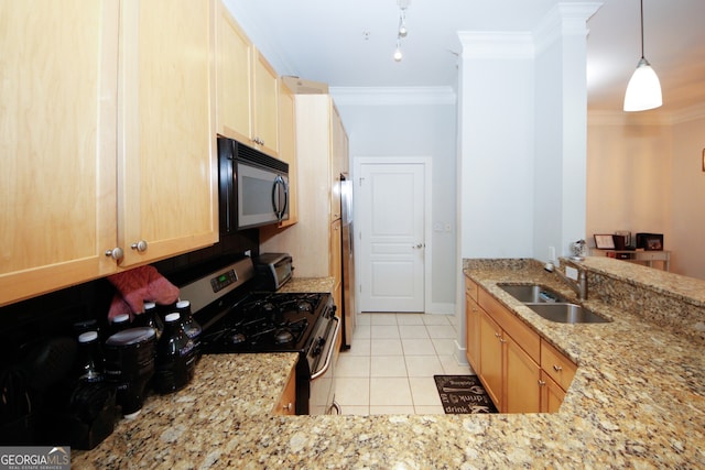 kitchen featuring black appliances, sink, crown molding, light stone countertops, and light brown cabinetry