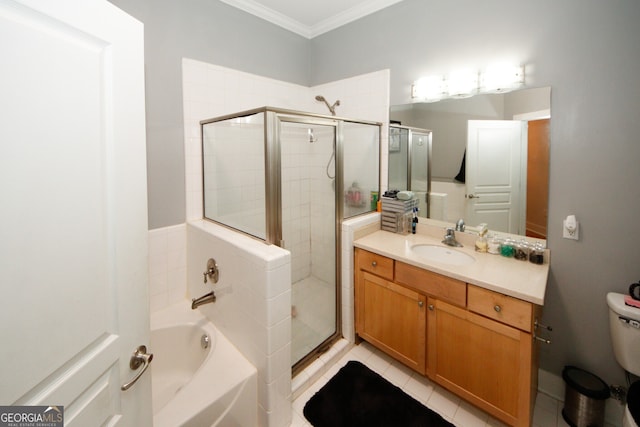 bathroom with independent shower and bath, tile patterned flooring, vanity, and crown molding