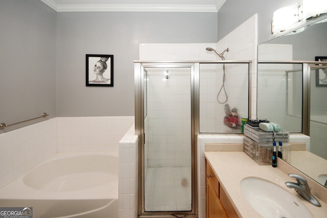 bathroom with shower with separate bathtub, vanity, and ornamental molding