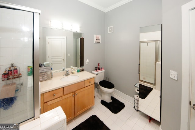 bathroom featuring crown molding, walk in shower, vanity, tile patterned flooring, and toilet