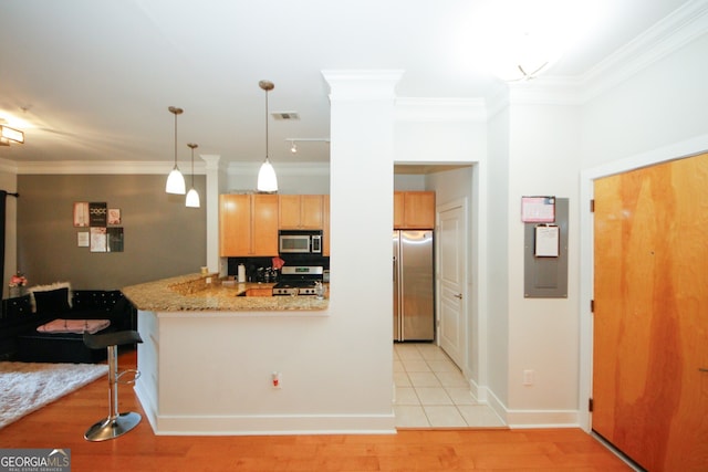 kitchen featuring crown molding, appliances with stainless steel finishes, decorative light fixtures, light hardwood / wood-style floors, and kitchen peninsula