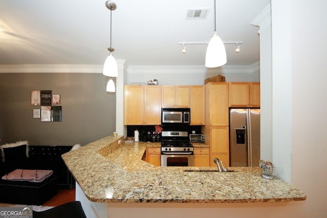 kitchen with ornamental molding, appliances with stainless steel finishes, light brown cabinets, sink, and kitchen peninsula