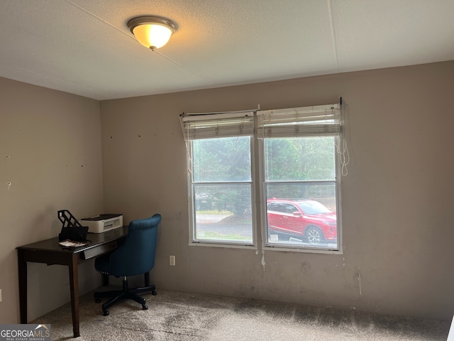 carpeted office featuring a textured ceiling