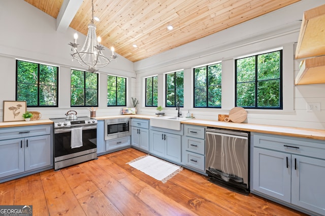 kitchen with vaulted ceiling with beams, plenty of natural light, hanging light fixtures, and appliances with stainless steel finishes