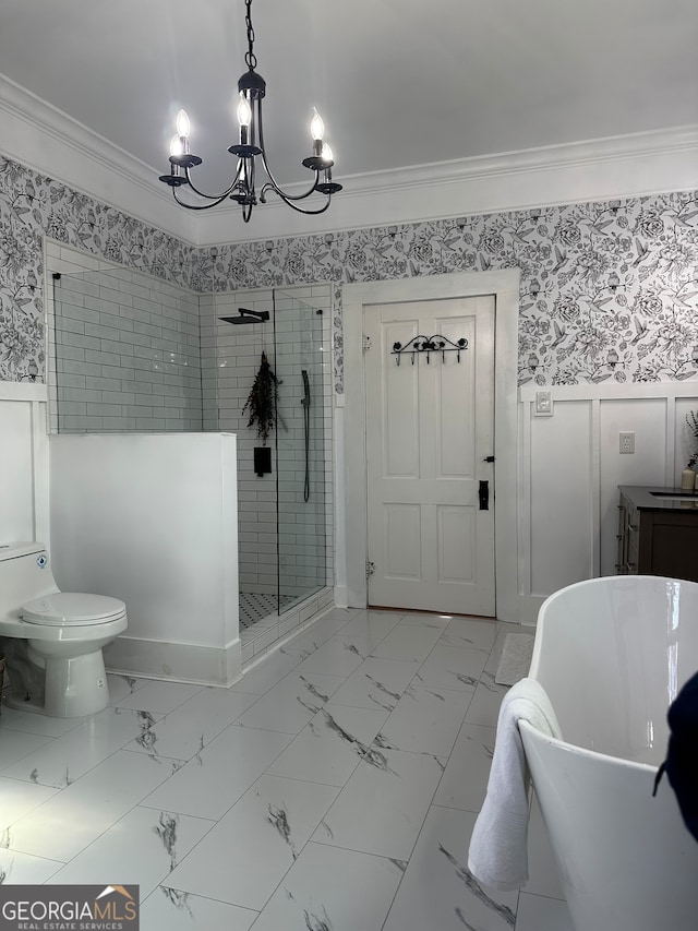 full bathroom with vanity, crown molding, a notable chandelier, shower with separate bathtub, and toilet