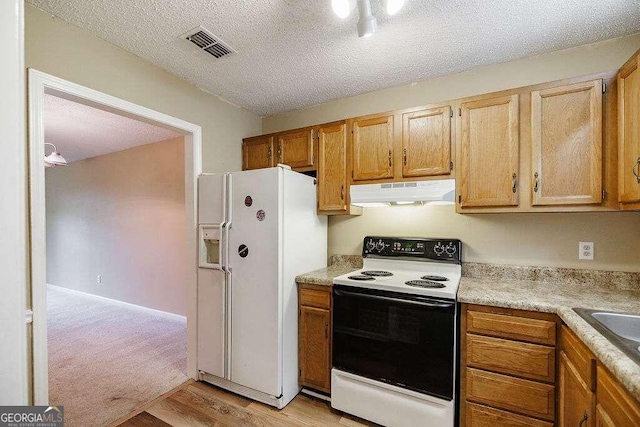 kitchen featuring light hardwood / wood-style flooring, a textured ceiling, and white appliances