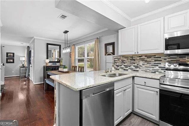 kitchen featuring white cabinetry, appliances with stainless steel finishes, dark hardwood / wood-style flooring, light stone countertops, and sink