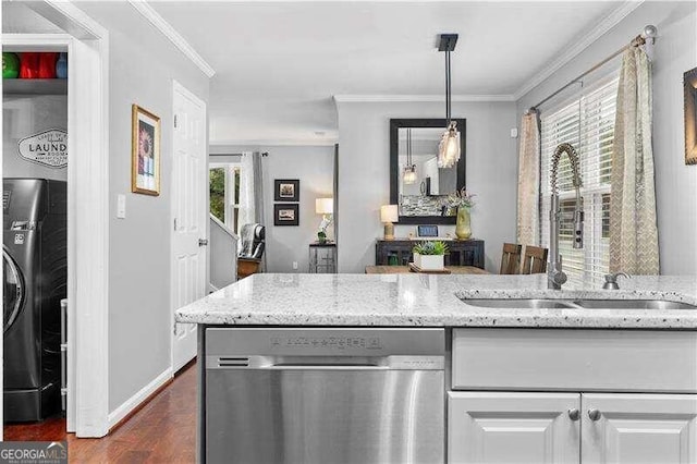 kitchen with sink, light stone countertops, dark hardwood / wood-style flooring, pendant lighting, and dishwasher