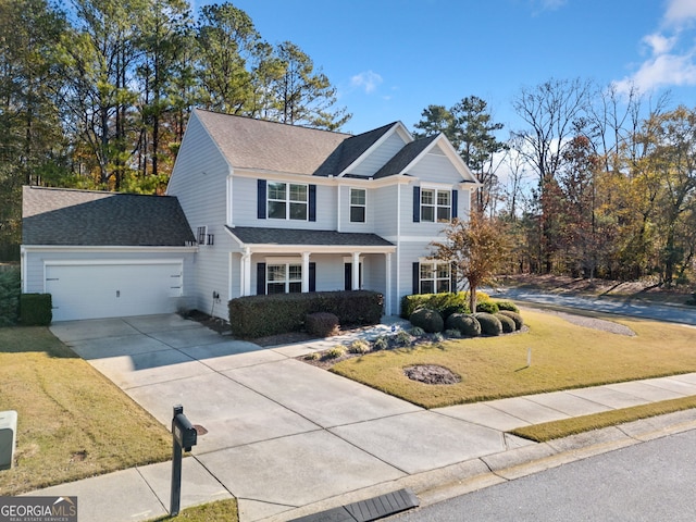 view of front facade with a garage and a front lawn