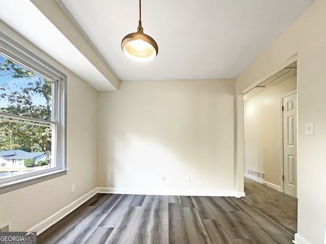 spare room with a wealth of natural light and dark hardwood / wood-style flooring