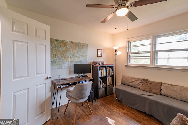 office featuring hardwood / wood-style floors and ceiling fan