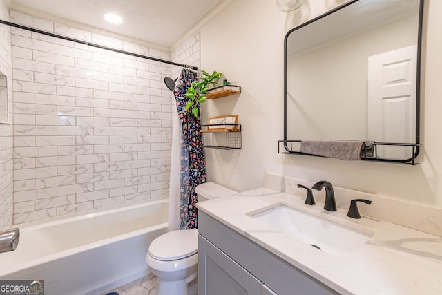 full bathroom with ornamental molding, vanity, toilet, a textured ceiling, and shower / tub combo with curtain