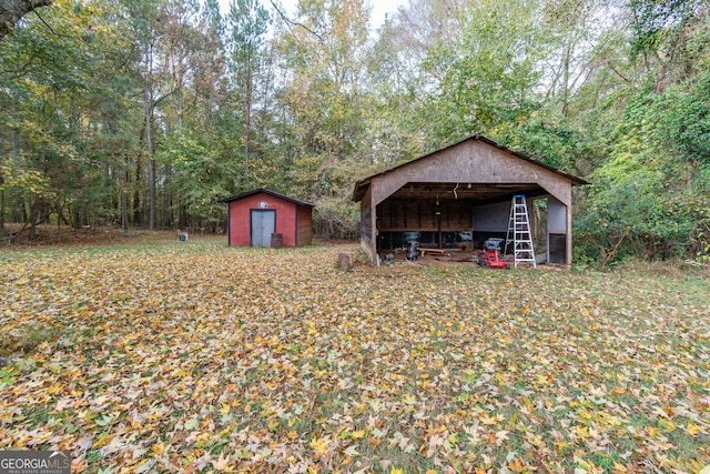 view of yard with a storage shed