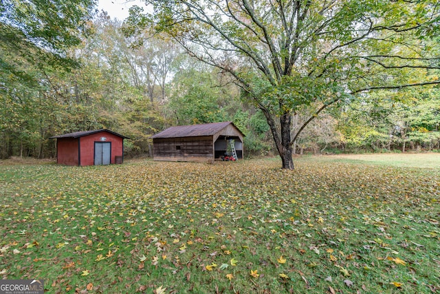 view of yard featuring a shed