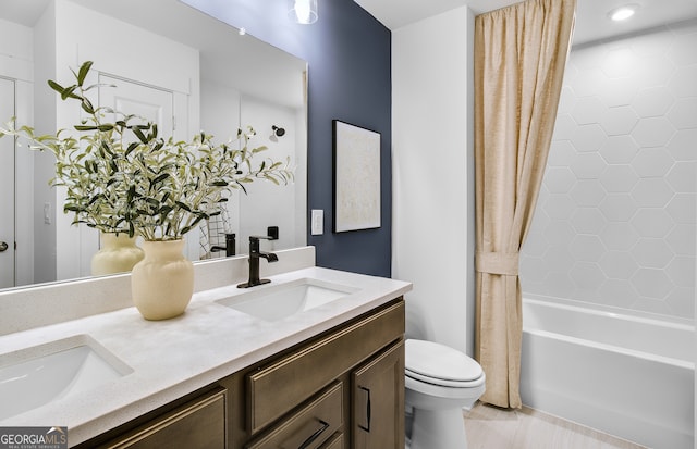 full bathroom with vanity, toilet, and shower / bathtub combination with curtain