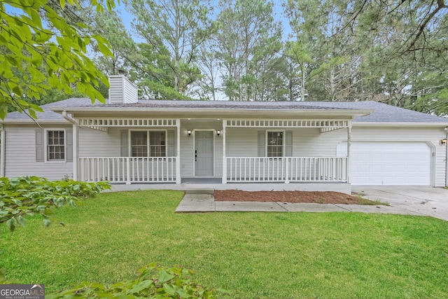 single story home with a front yard, a porch, and a garage