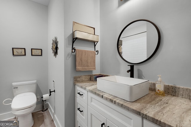 bathroom featuring vanity, wood-type flooring, and toilet