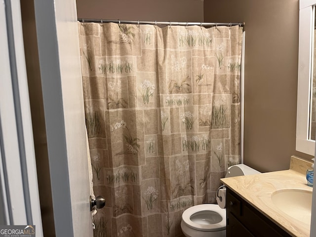 bathroom with vanity, toilet, and a shower with curtain