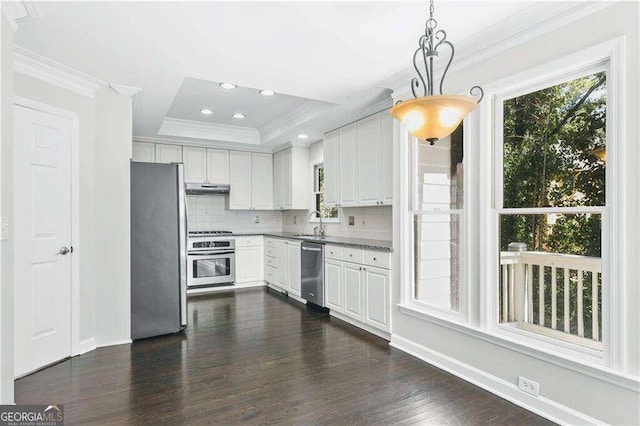 kitchen with sink, pendant lighting, a tray ceiling, white cabinets, and appliances with stainless steel finishes