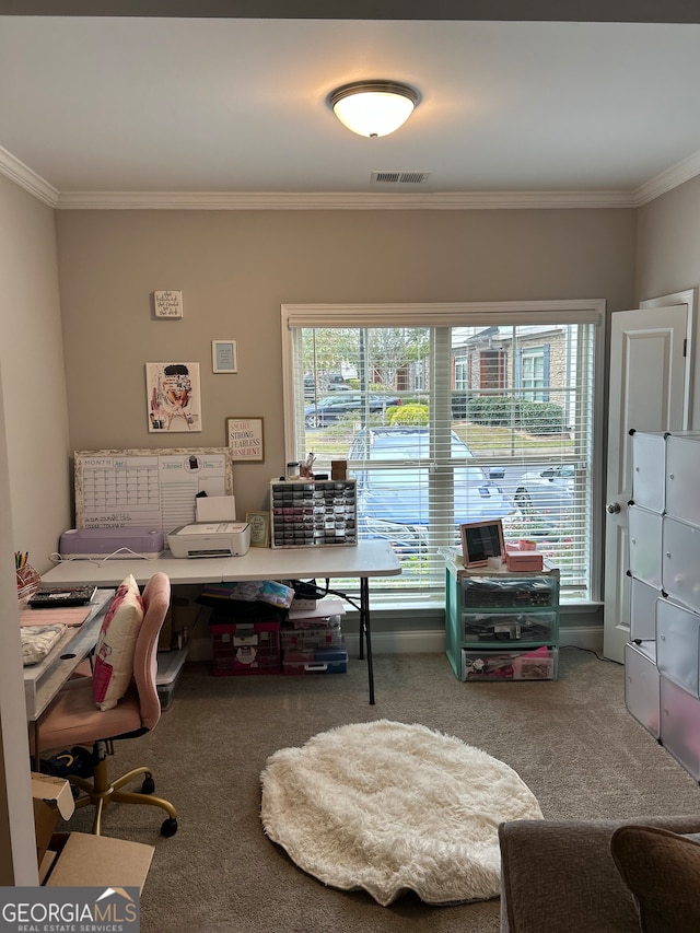 carpeted bedroom with crown molding