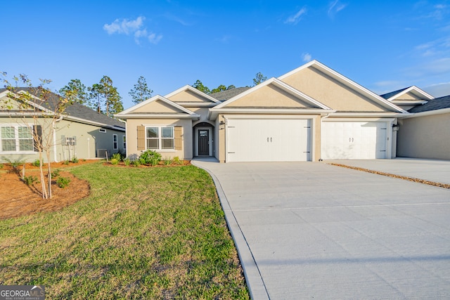 ranch-style house featuring a garage and a front lawn