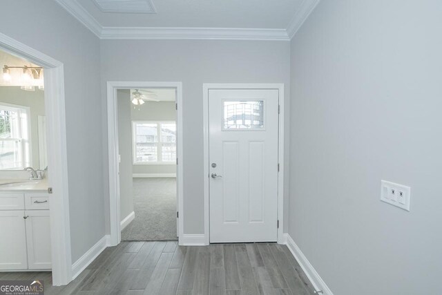 184 The Villas Way, Kingsland, GA 31548 - foyer entrance with ceiling fan, sink, light wood-type flooring, and ornamental molding