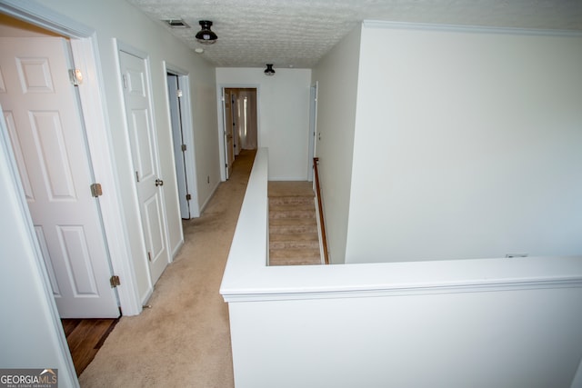 hallway featuring a textured ceiling and light carpet