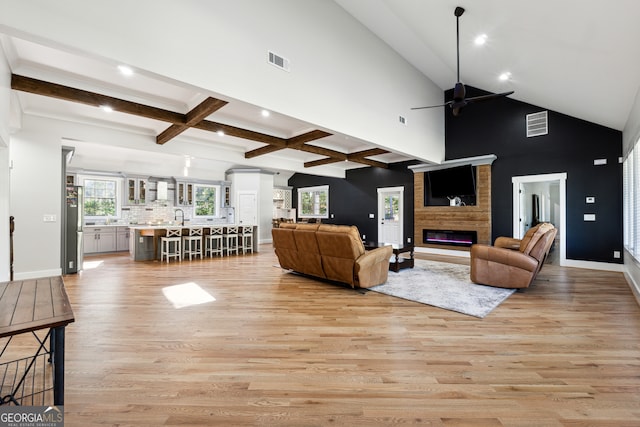 living room featuring plenty of natural light, ceiling fan, light hardwood / wood-style floors, and a fireplace