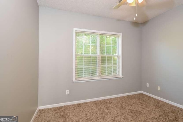 empty room featuring carpet, a textured ceiling, and ceiling fan