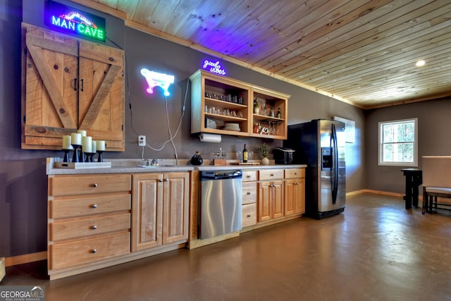 kitchen featuring baseboards, appliances with stainless steel finishes, finished concrete floors, light countertops, and open shelves