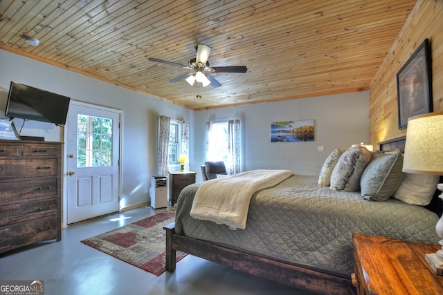 bedroom with concrete flooring, multiple windows, ceiling fan, and wooden ceiling