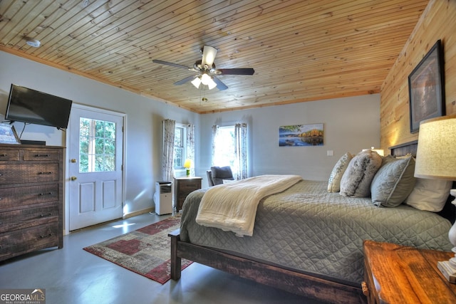 bedroom featuring wood ceiling, concrete floors, and ceiling fan