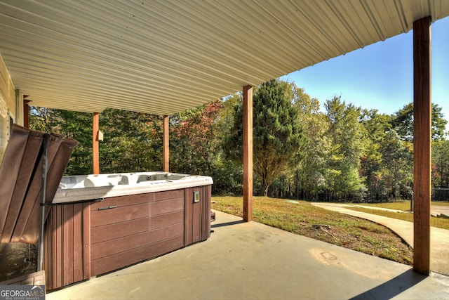 view of patio with a hot tub