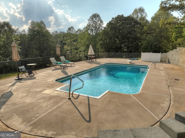 view of swimming pool with a diving board and a patio area