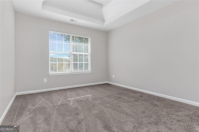 carpeted empty room featuring a tray ceiling