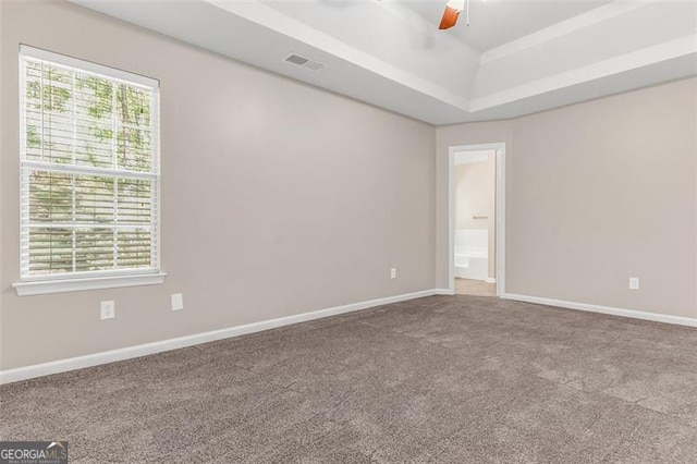 unfurnished room with carpet flooring, a raised ceiling, a healthy amount of sunlight, and ceiling fan