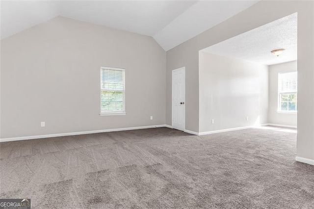 unfurnished room featuring a wealth of natural light, vaulted ceiling, and carpet