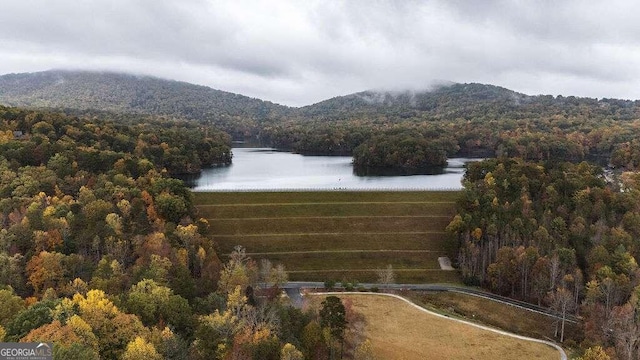 aerial view featuring a water and mountain view