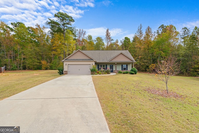 ranch-style house with a garage and a front lawn