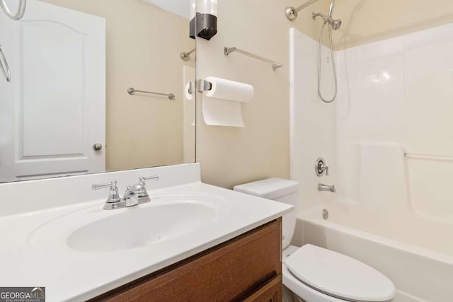 full bathroom with toilet, bathtub / shower combination, and vanity