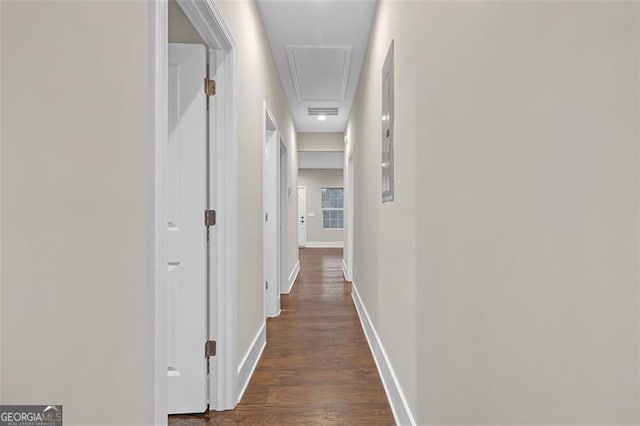 corridor with dark hardwood / wood-style flooring