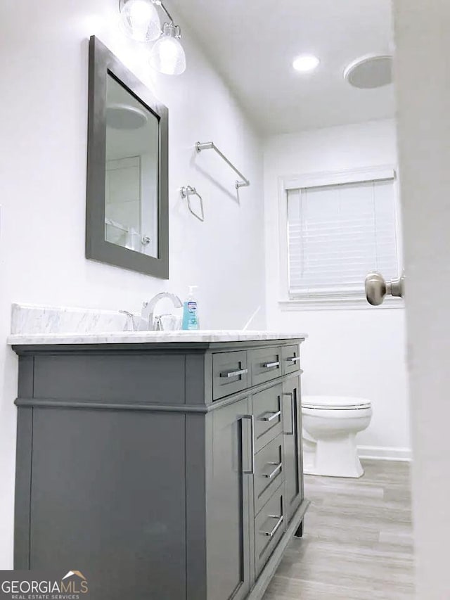 bathroom with vanity, toilet, and wood-type flooring