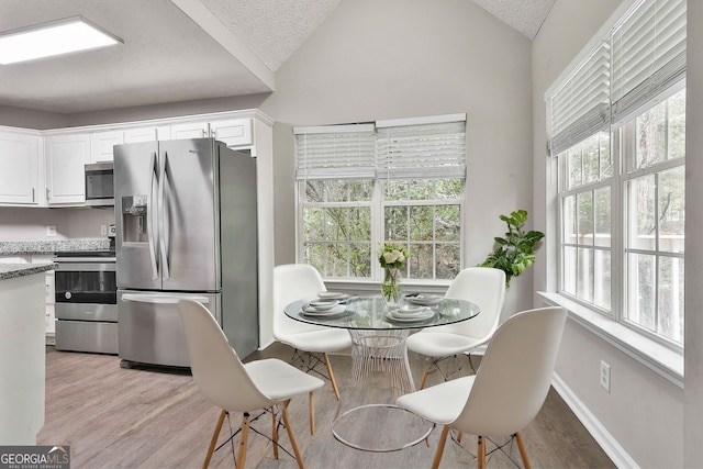 dining room featuring light wood-type flooring, vaulted ceiling, and a healthy amount of sunlight