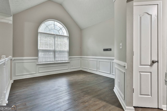 unfurnished room with dark hardwood / wood-style floors, a textured ceiling, and lofted ceiling