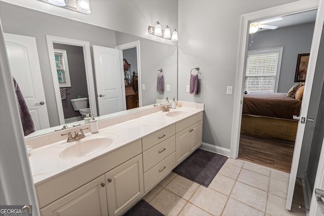 bathroom featuring vanity, tile patterned floors, toilet, and ceiling fan