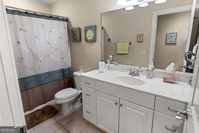 bathroom with tile patterned flooring, vanity, toilet, and a shower with shower curtain