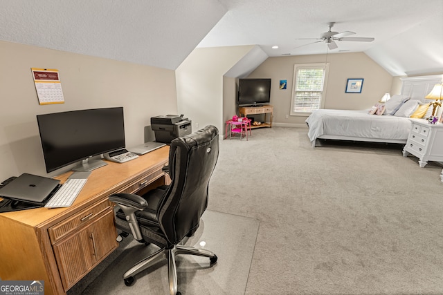 carpeted bedroom with lofted ceiling and ceiling fan